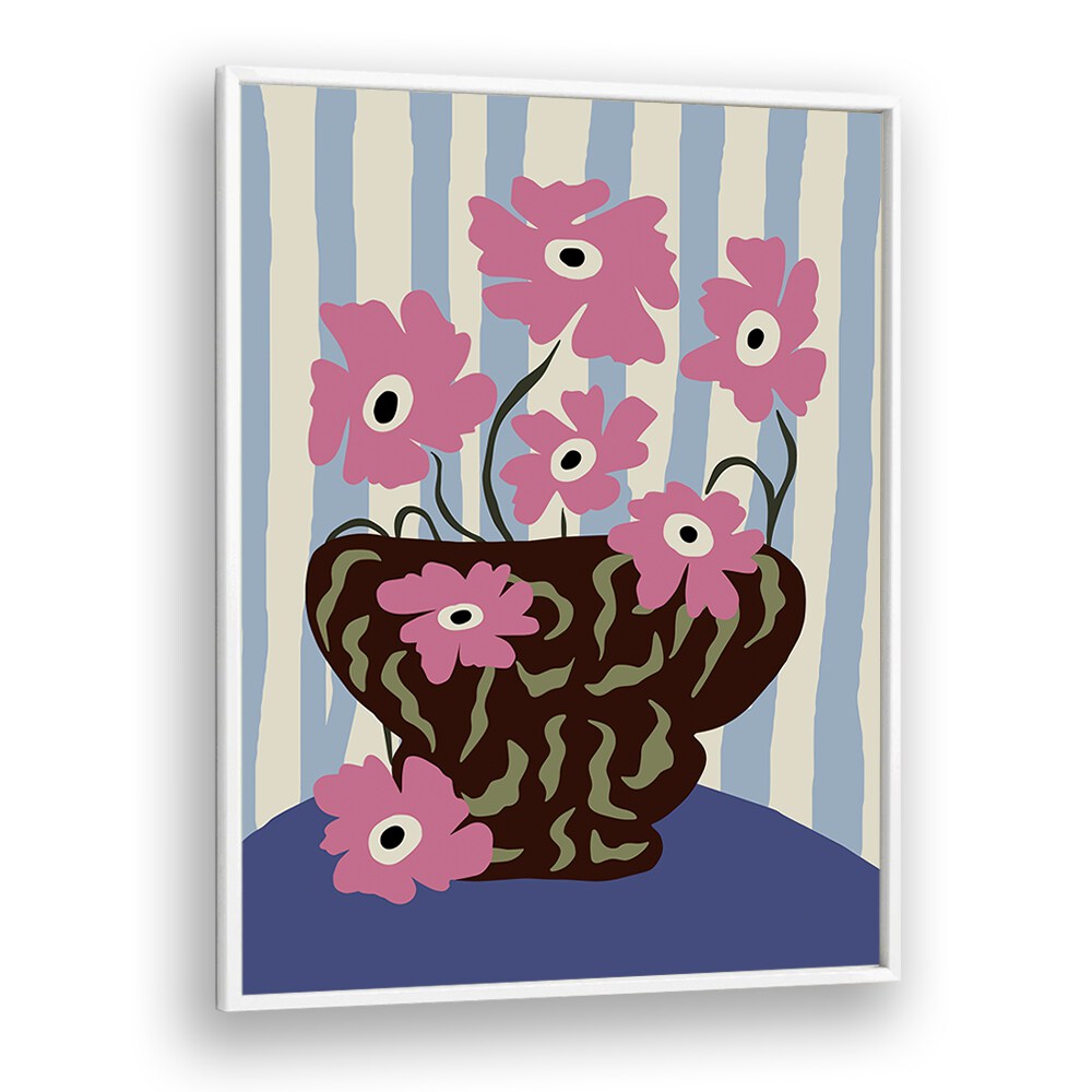 Summer Stripe And Pink Flowers, Botanical Art Paintings Artwork in White Plain Frame