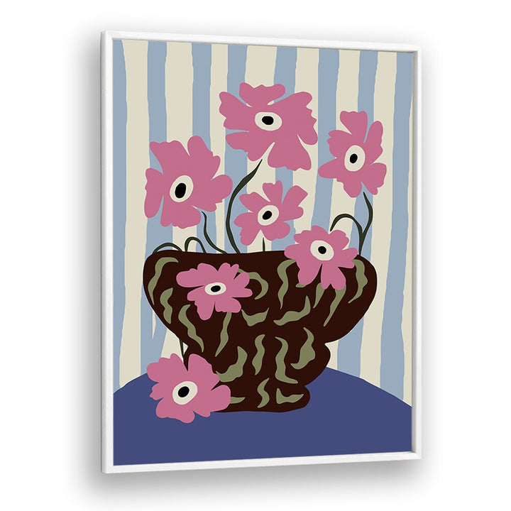 Summer Stripe And Pink Flowers, Botanical Art Paintings Artwork in White Plain Frame