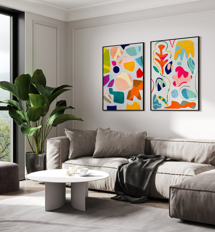 Brighten your home with the SUMMER CUTOUTS SET, SET OF 2 PAINTINGS, showcasing vibrant summer-inspired designs.