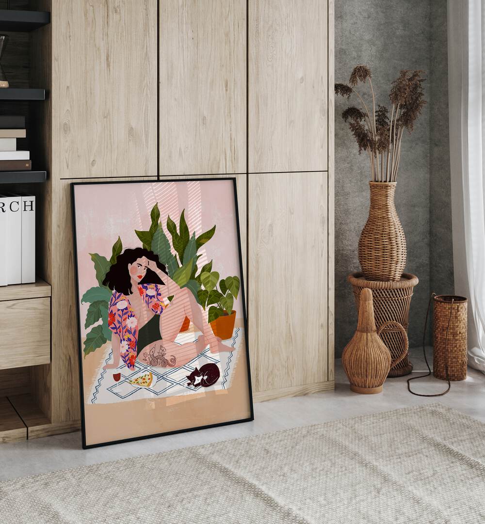 Vibrant artwork titled "SUNDAY PIZZA, PORTRAITS" by Maja Tomjanovic featuring a relaxed woman and playful elements.