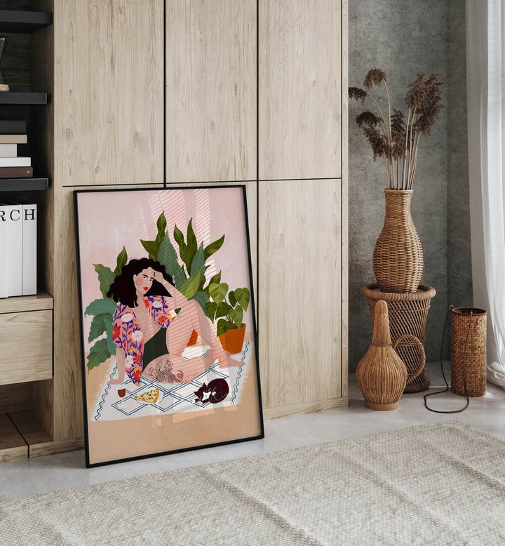 Vibrant artwork titled "SUNDAY PIZZA, PORTRAITS" by Maja Tomjanovic featuring a relaxed woman and playful elements.