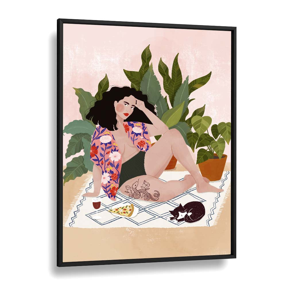 Vibrant "SUNDAY PIZZA, PORTRAITS" artwork by Maja Tomjanovic, featuring a relaxed woman with pizza and plants.