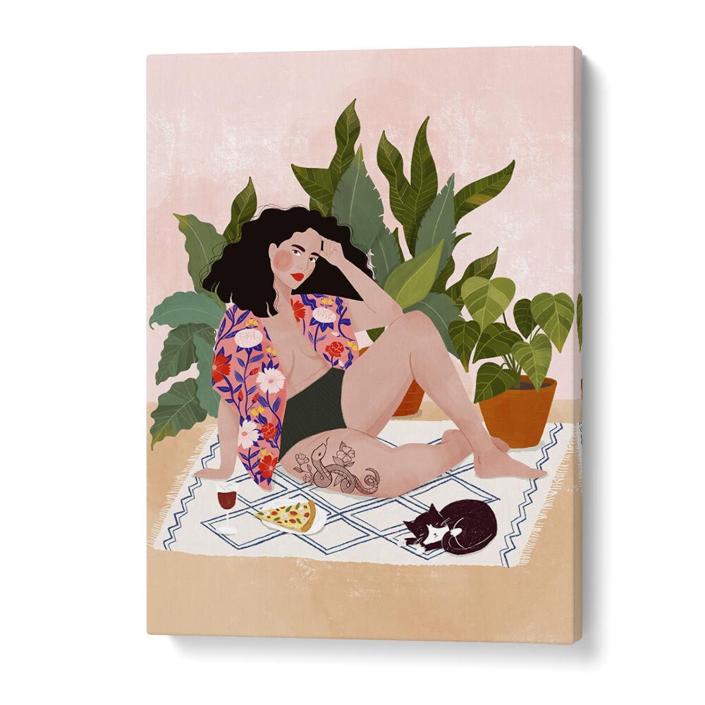 Vibrant portrait from "SUNDAY PIZZA" by Maja Tomjanovic, featuring a woman with pizza and plants. Perfect for art lovers.