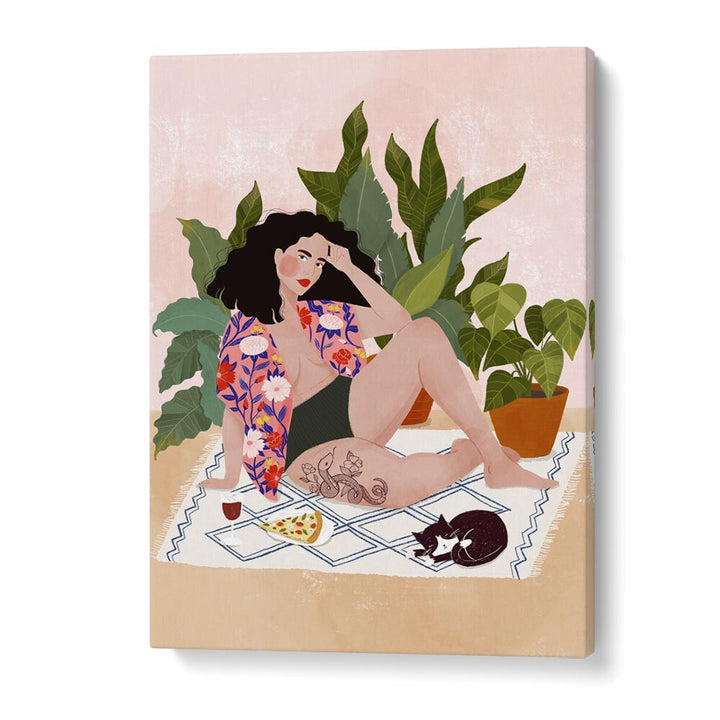 Vibrant portrait from "SUNDAY PIZZA" by Maja Tomjanovic, featuring a woman with pizza and plants. Perfect for art lovers.