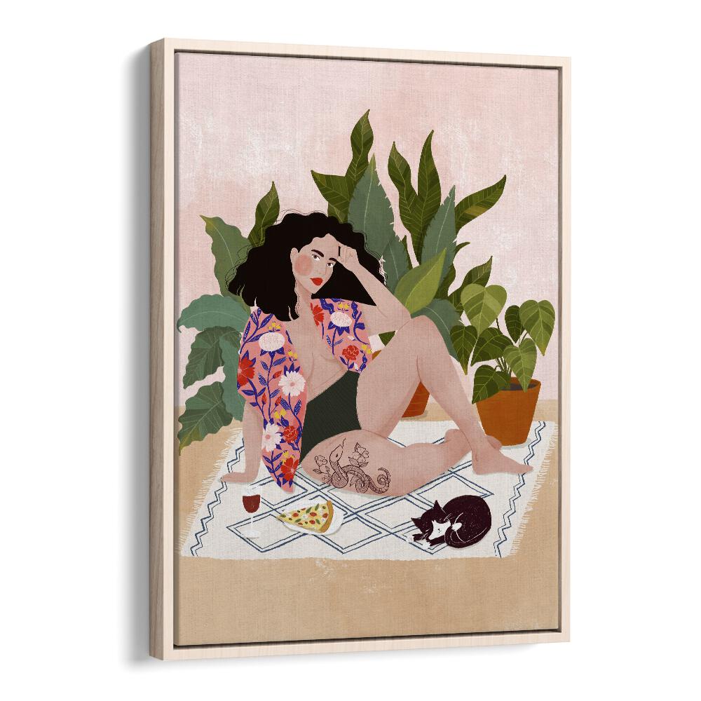 Vibrant "SUNDAY PIZZA, PORTRAITS" artwork by Maja Tomjanovic featuring a woman, plants, and pizza on canvas.