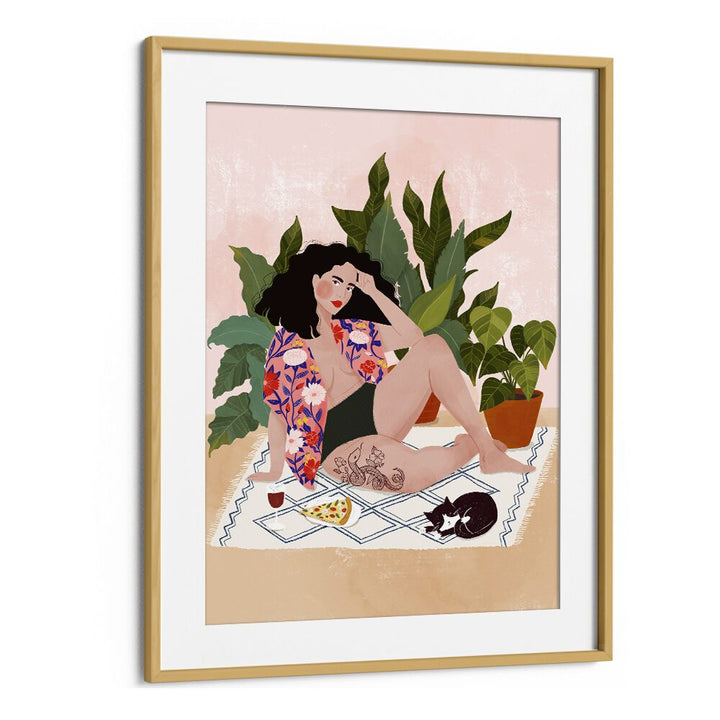 Vibrant art piece "SUNDAY PIZZA, PORTRAITS" by Maja Tomjanovic, featuring a relaxed scene with pizza and plants.