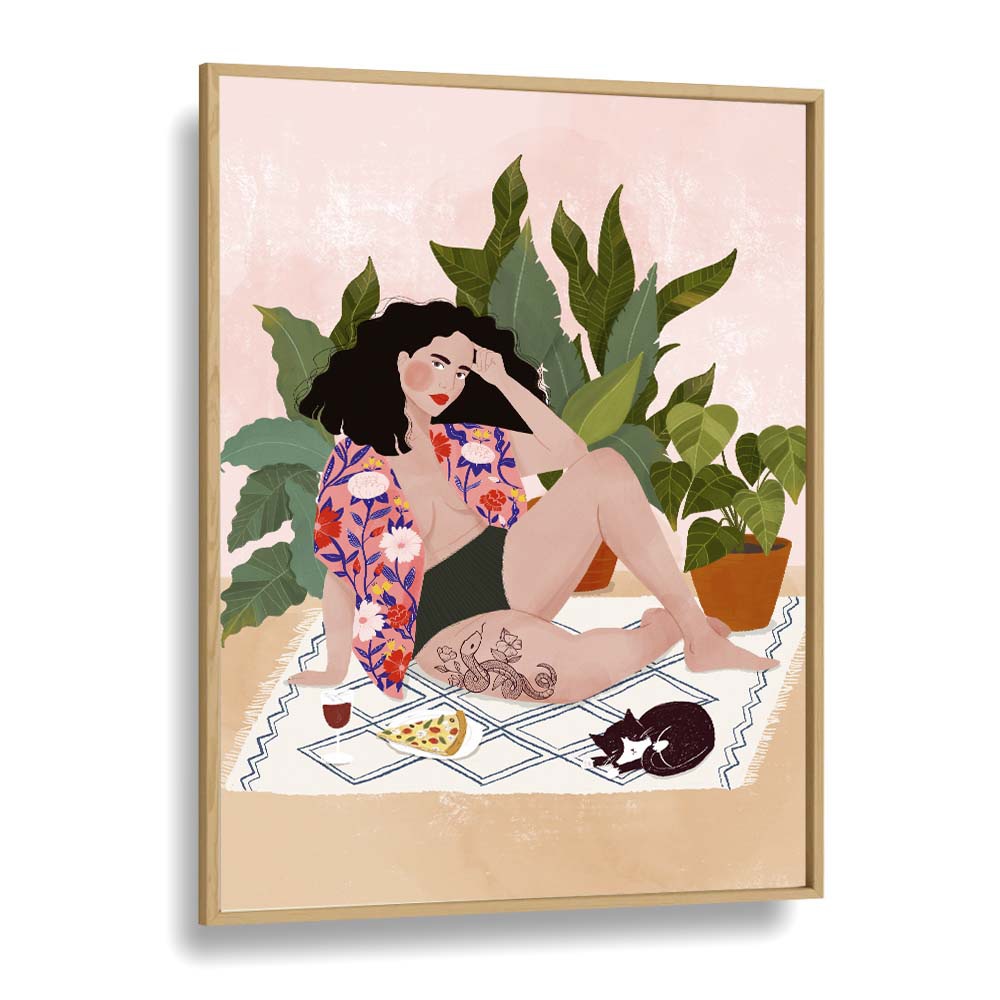 Vibrant artwork titled "SUNDAY PIZZA, PORTRAITS" by Maja Tomjanovic featuring a relaxed scene with pizza.