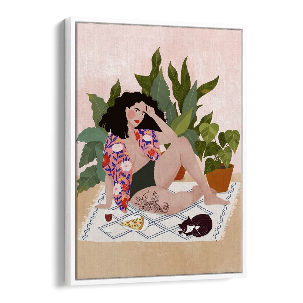 Vibrant "SUNDAY PIZZA, PORTRAITS" artwork by Maja Tomjanovic featuring a relaxed woman with pizza and plants.