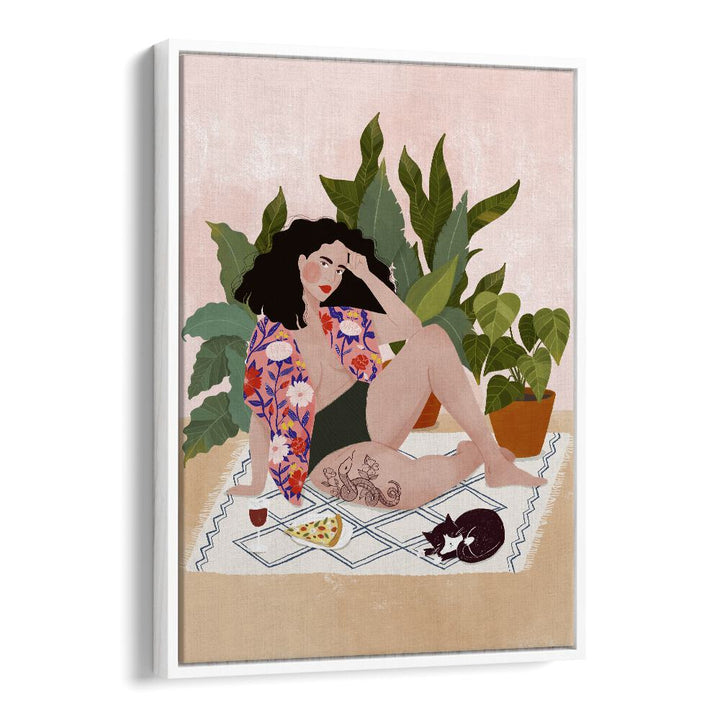 Vibrant "SUNDAY PIZZA, PORTRAITS" artwork by Maja Tomjanovic featuring a relaxed woman with pizza and plants.