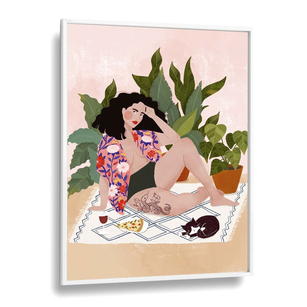 Vibrant "SUNDAY PIZZA, PORTRAITS" artwork by Maja Tomjanovic, featuring a woman with pizza and plants. Perfect decor!