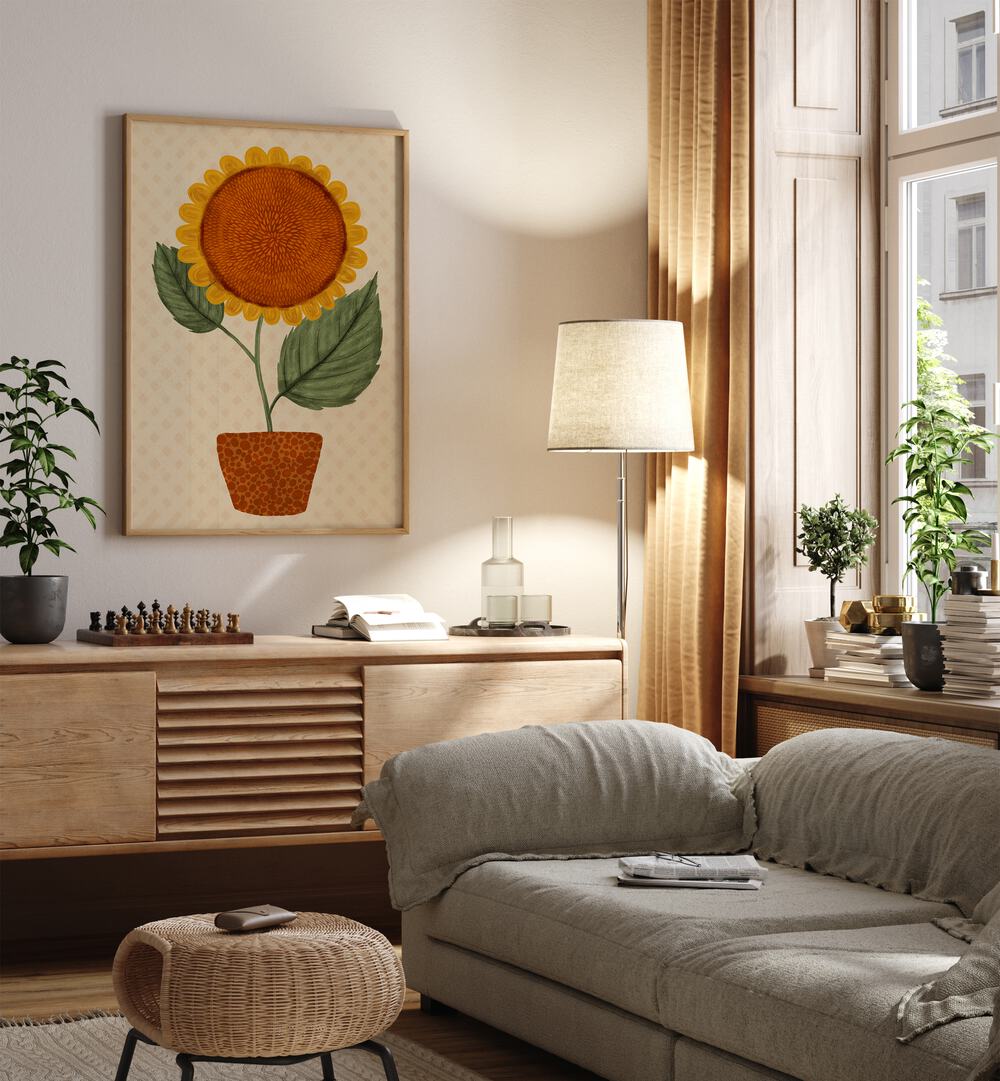 Bright SUNFLOWER POT, FLORAL FLOWER PAINTINGS enhance cozy living spaces with cheerful decor and vibrant colors.