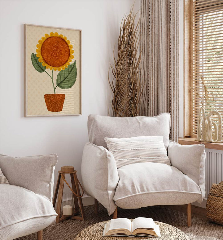 Bright sunflower pot artwork enhances decor in cozy living space. Perfect for floral flower paintings lovers.