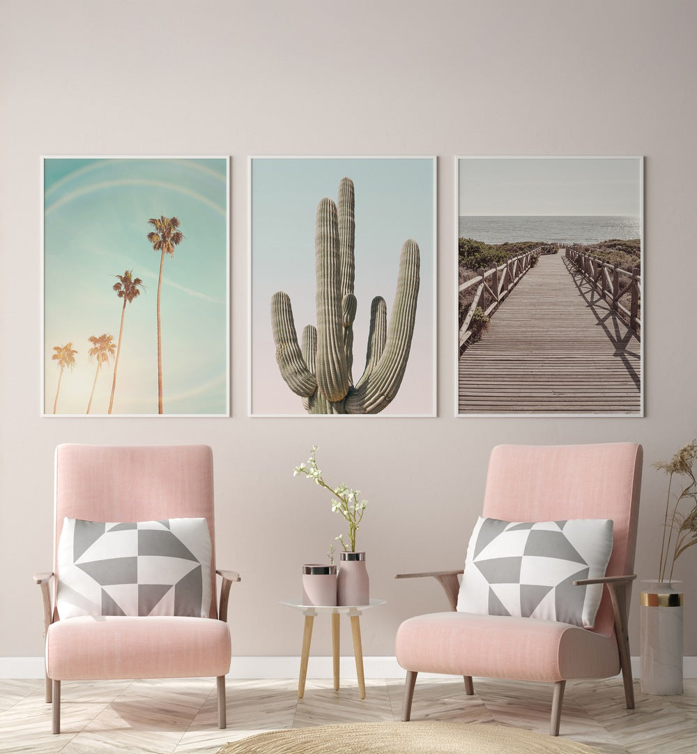 Enhance your decor with the SUNNY CALI SAGUARO SET, SET OF 3 PAINTINGS showcasing vibrant cacti and serene landscapes.