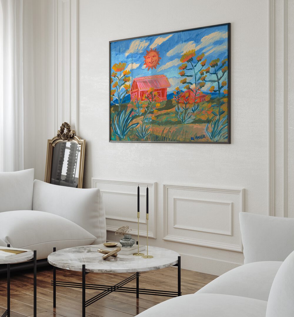 Bright and colorful SUNNY FARM PRINT, LANDSCAPE PAINTINGS, adding a serene touch to your living space decor.