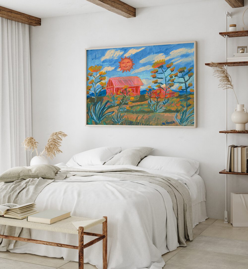 Vibrant SUNNY FARM PRINT, LANDSCAPE PAINTINGS brightening a modern bedroom with a touch of nature's beauty.