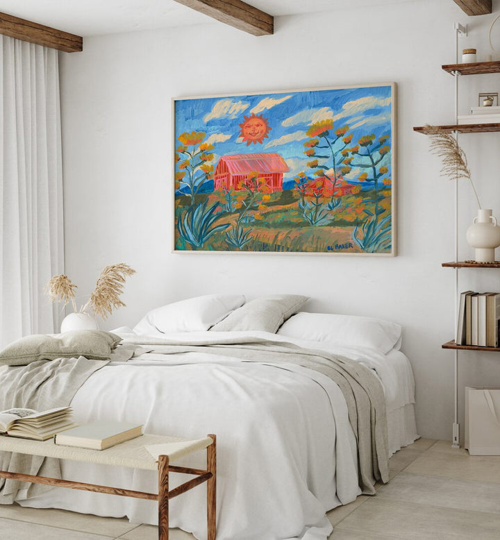 Vibrant SUNNY FARM PRINT, LANDSCAPE PAINTINGS brightening a modern bedroom with a touch of nature's beauty.