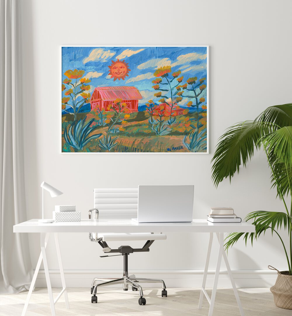 Bright and colorful SUNNY FARM PRINT, LANDSCAPE PAINTINGS showcasing serene farmland beauty for your home decor.