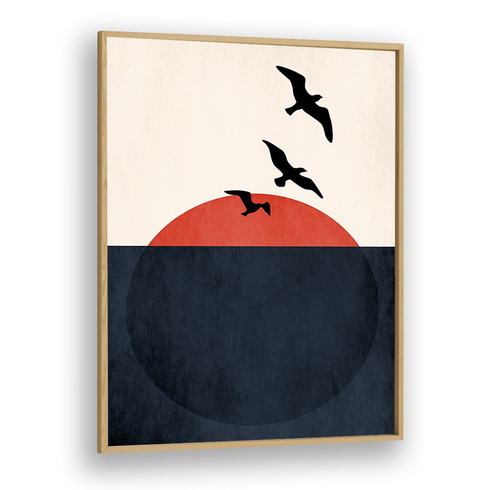 Modern minimalist SUNSET BREEZE, LANDSCAPE PAINTINGS featuring a serene coastal sunset in a plain oak frame.