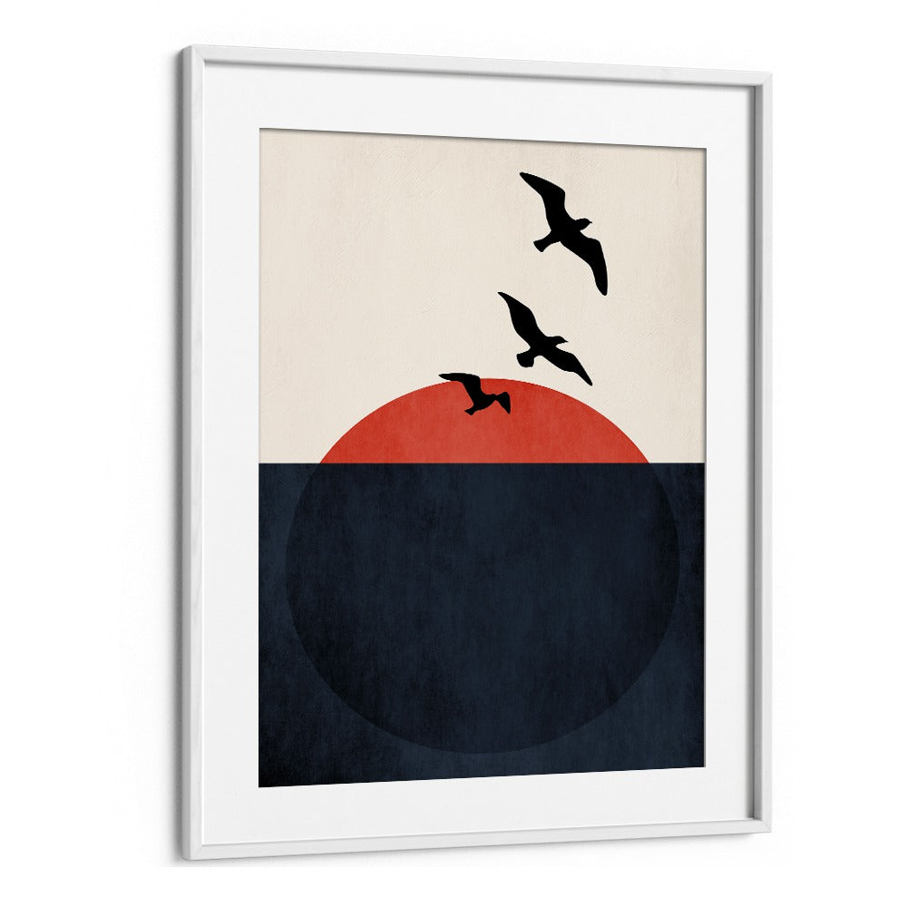 Minimalist SUNSET BREEZE, LANDSCAPE PAINTINGS featuring coastal sunset with birds, perfect for modern decor.