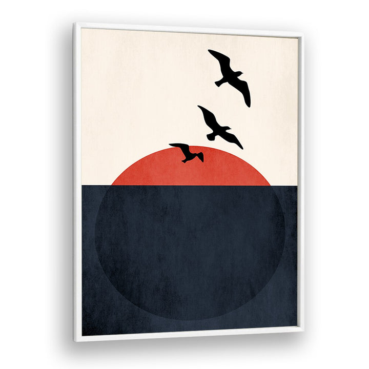 Serene SUNSET BREEZE, LANDSCAPE PAINTINGS art print featuring a minimalist coastal sunset in a sleek white frame.