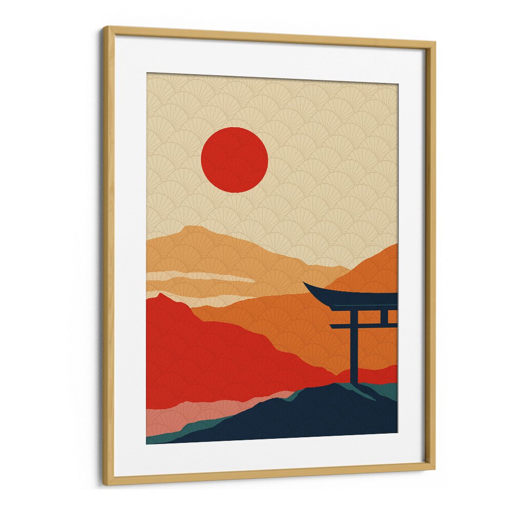Serene SUNSET DELIGHT, LANDSCAPE PAINTINGS by Asianmonk in oak frame enhances any living space's ambiance.