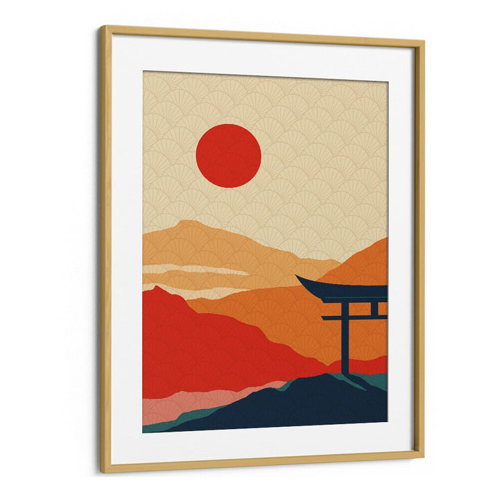 Serene SUNSET DELIGHT, LANDSCAPE PAINTINGS by Asianmonk in oak frame enhances any living space's ambiance.