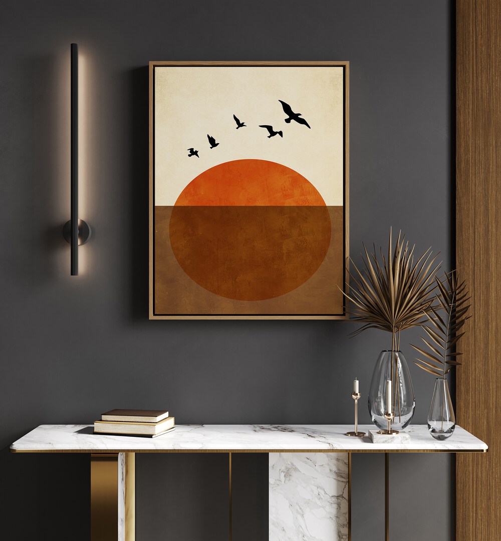 Transform your space with “Sunset Dreams, Landscape Paintings,” showcasing a serene orange sun and tranquil beauty.