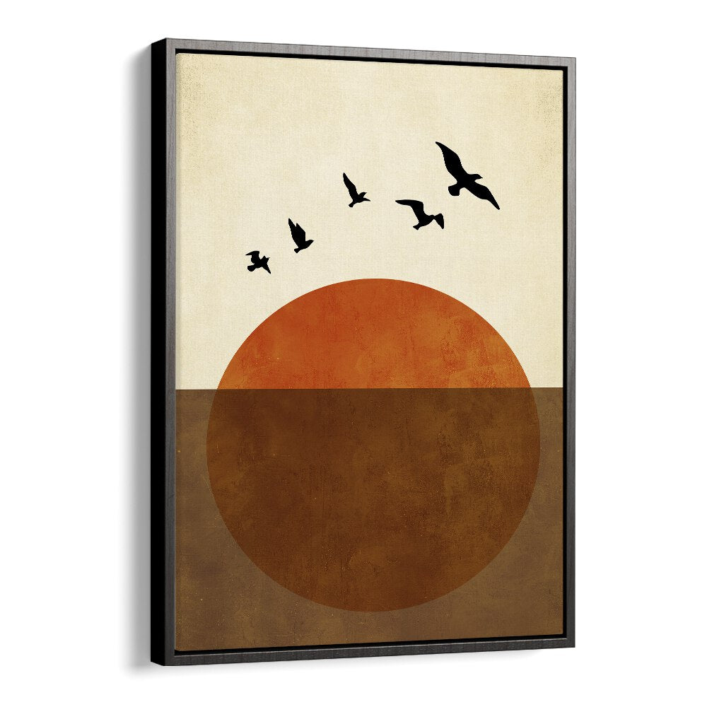 Transform your space with SUNSET DREAMS, LANDSCAPE PAINTINGS featuring a serene orange sun and birds in flight.