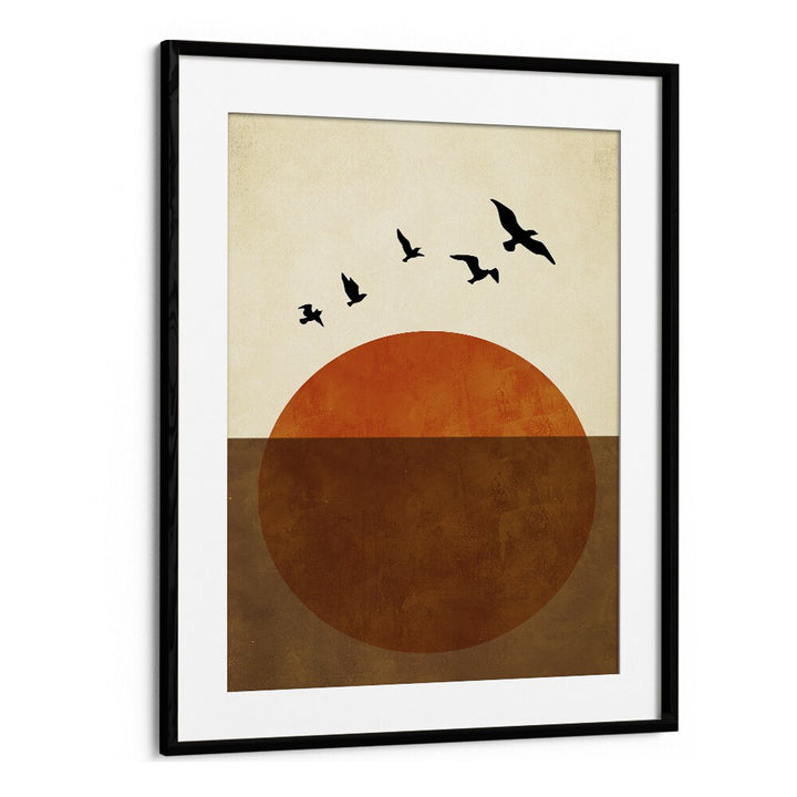 Transform your space with “SUNSET DREAMS, LANDSCAPE PAINTINGS,” showcasing a serene orange sun and flying birds.