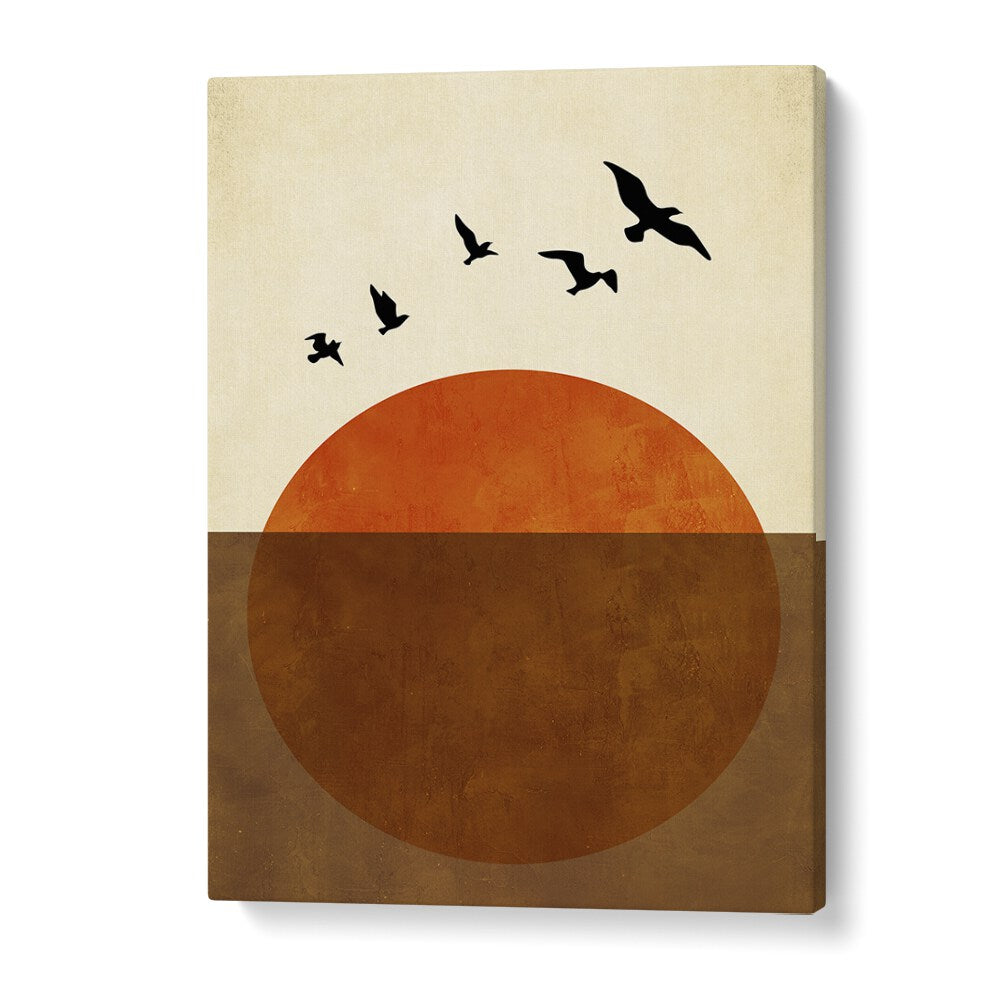 Transform your space with "Sunset Dreams, Landscape Paintings" featuring a serene orange sun and birds in flight.