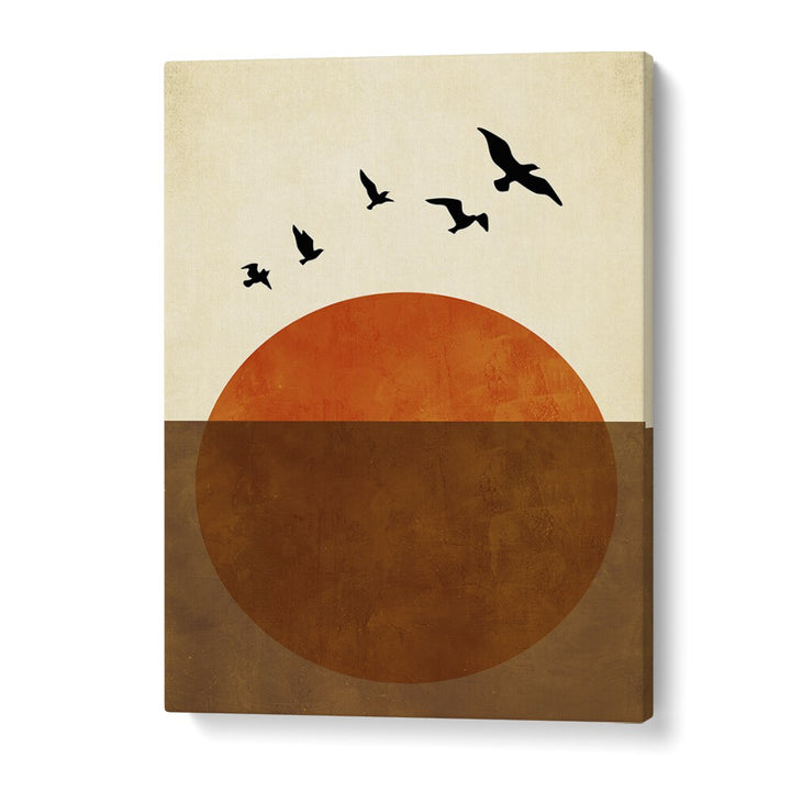 Transform your space with "Sunset Dreams, Landscape Paintings" featuring a serene orange sun and birds in flight.