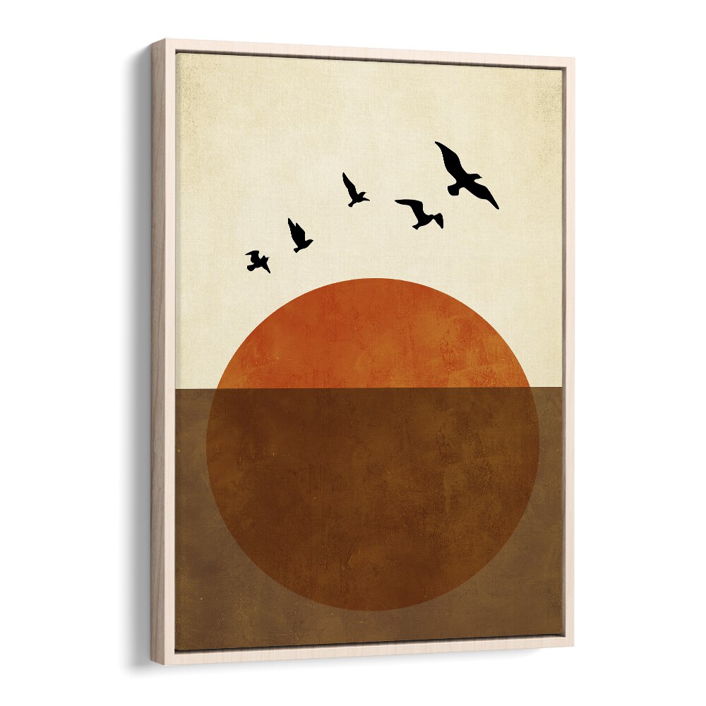 Transform your space with “Sunset Dreams, Landscape Paintings,” showcasing a serene orange sun at dusk.