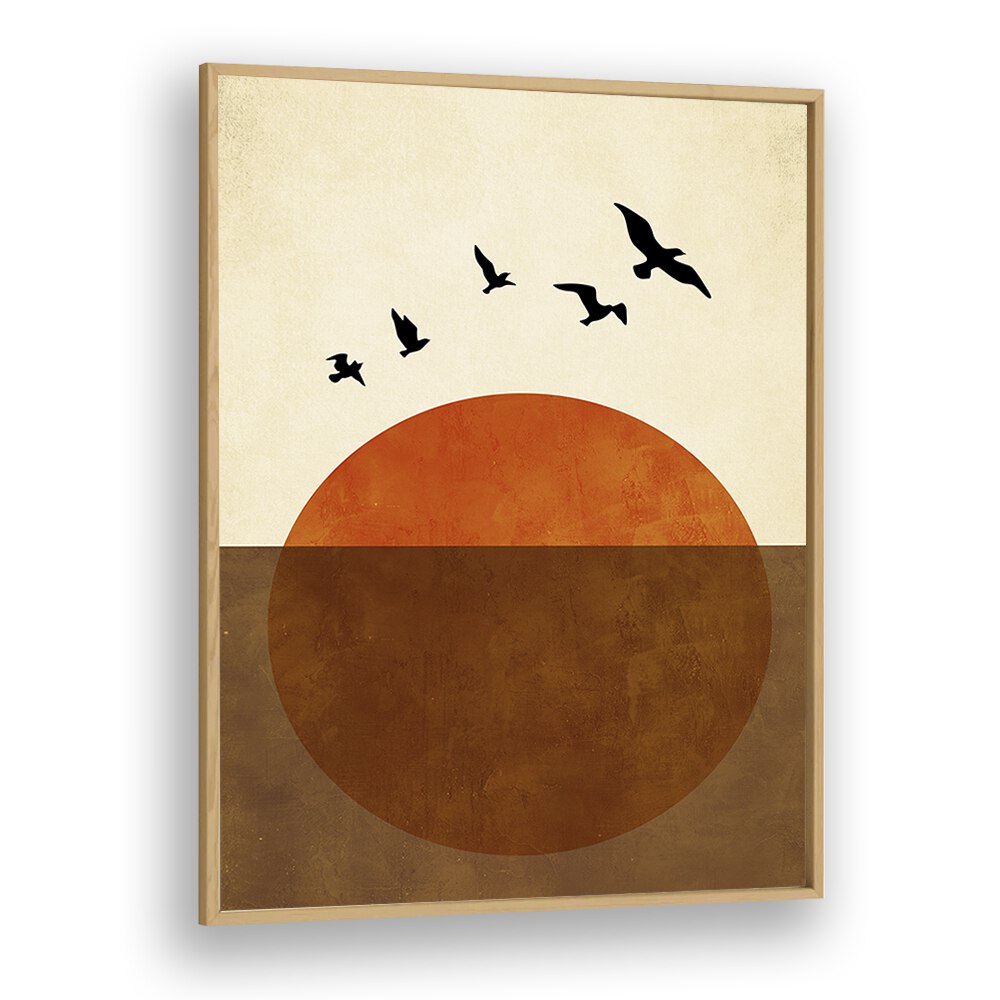 Tranquil “Sunset Dreams, Landscape Paintings” art print showcasing an orange sun and birds, perfect for any space.