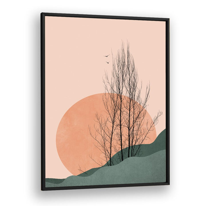 Capture tranquility with SUNSET MEMORIES, LANDSCAPE PAINTINGS featuring a serene sunset and elegant trees in minimal style.