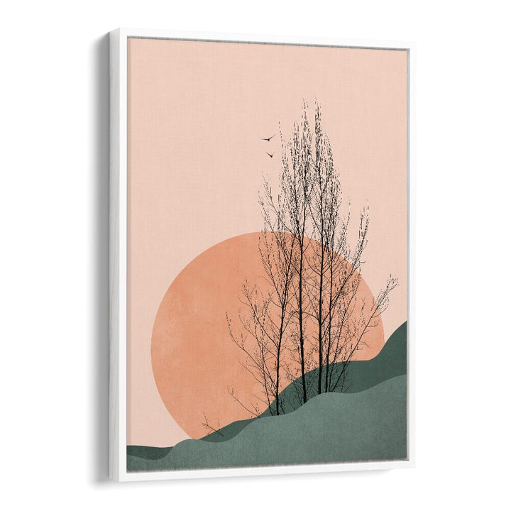 Serene landscape painting titled "SUNSET MEMORIES," featuring soft hues and minimalist design for tranquil decor.