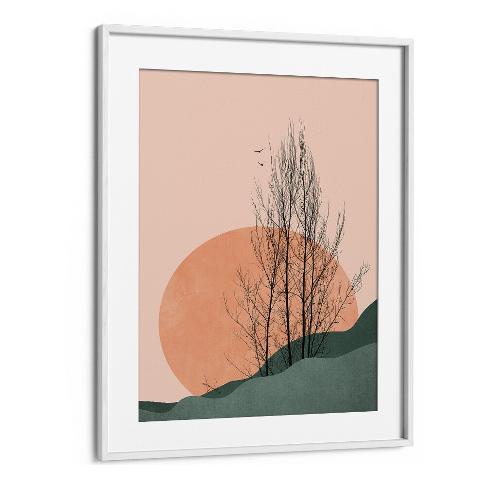 Serene landscape painting "SUNSET MEMORIES" in a white frame, adding elegance to your space with calming colors.