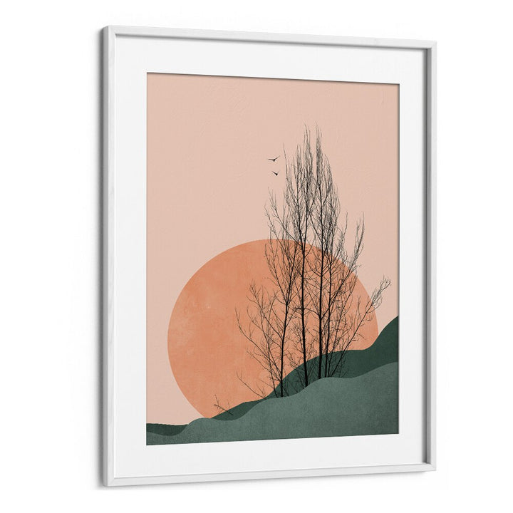 Serene landscape painting "SUNSET MEMORIES" in a white frame, adding elegance to your space with calming colors.