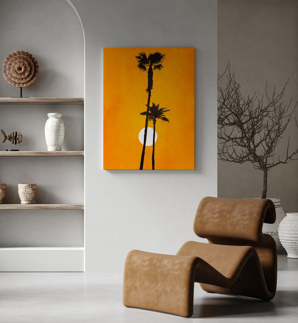 Transform your space with "Sunshine Paradise, Landscape Paintings" featuring warm orange tones and serene palm silhouettes.