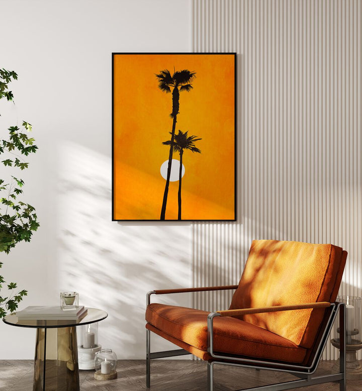 Bright orange landscape painting "Sunshine Paradise" featuring palm trees, perfect for home decor. Explore landscape paintings.