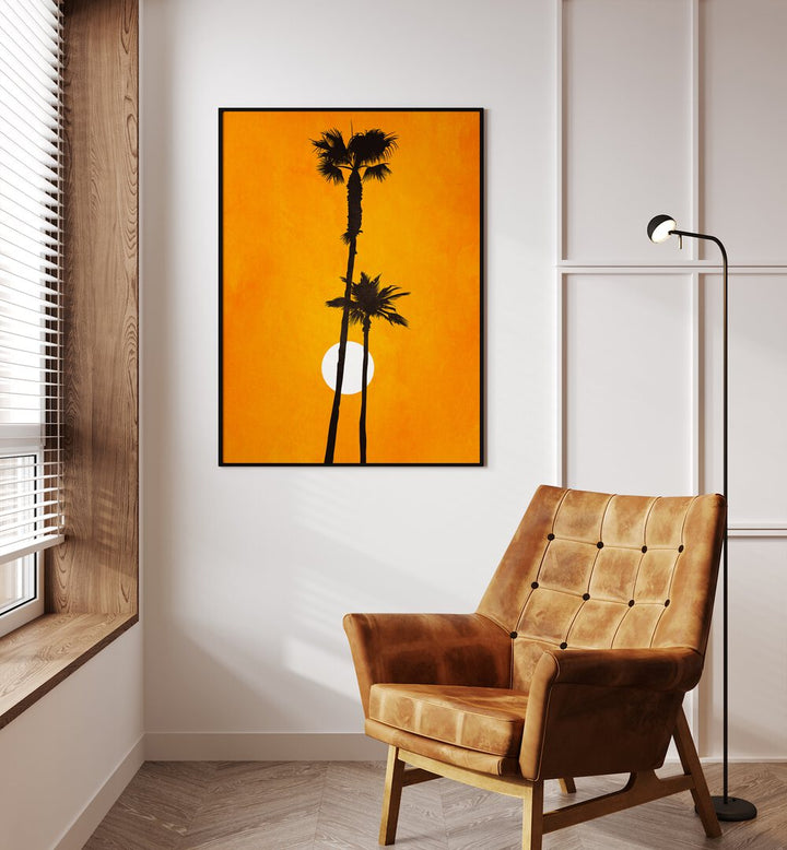 Brighten your space with SUNSHINE PARADISE, LANDSCAPE PAINTINGS featuring warm orange tones and serene palm silhouettes.