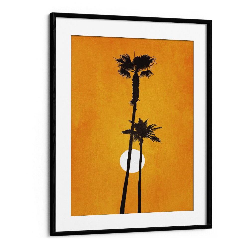 Framed "Sunshine Paradise" landscape paintings feature vibrant orange tones and palm silhouettes for a serene look.