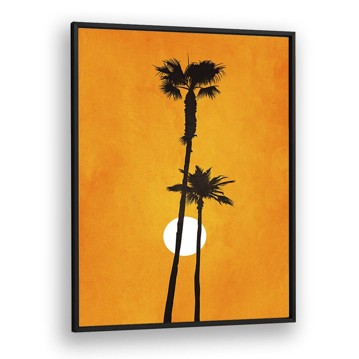 Framed “SUNSHINE PARADISE, LANDSCAPE PAINTINGS” features vibrant orange tones with palm silhouettes against a sunset.