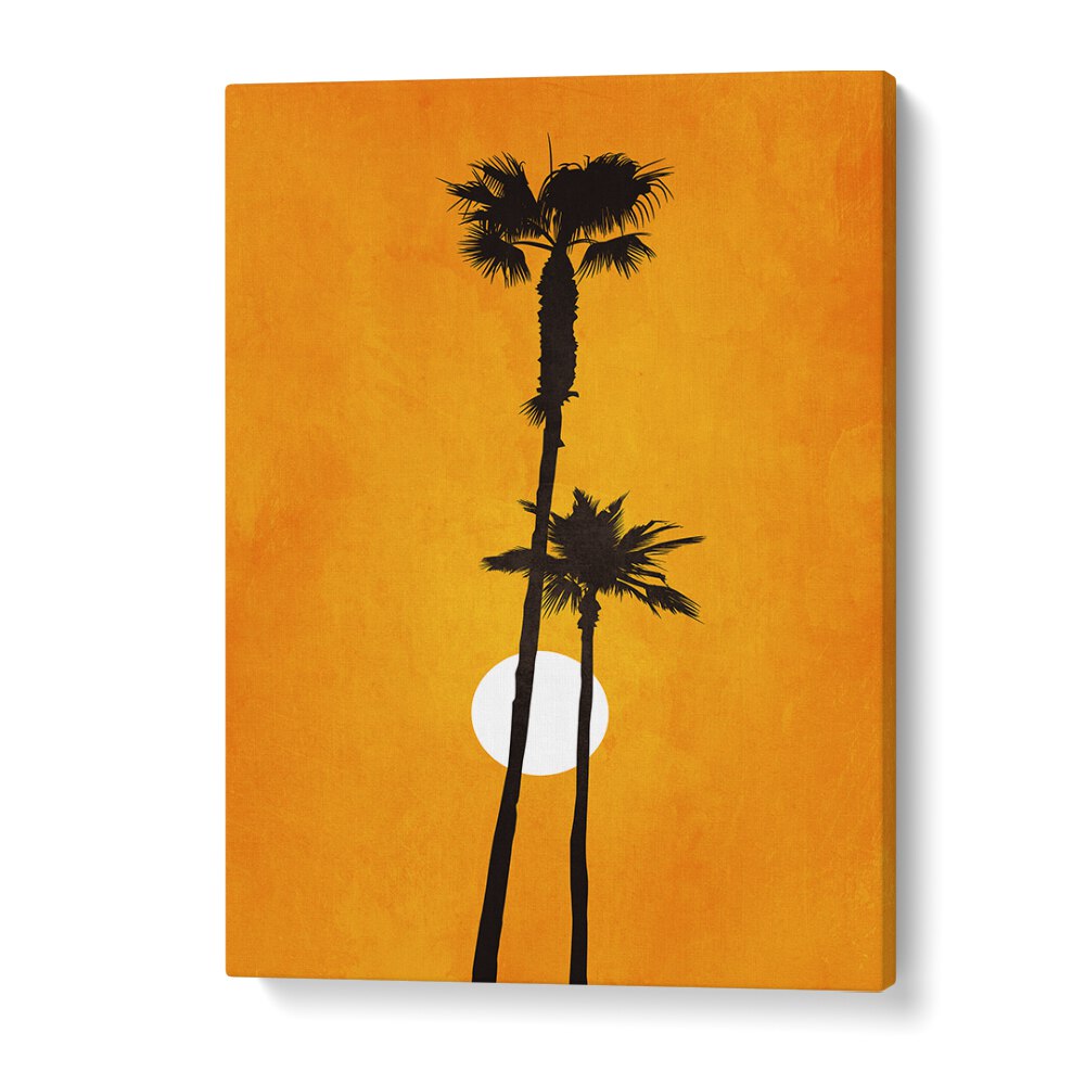 Bright orange landscape painting featuring palm trees, embodying the essence of SUNSHINE PARADISE, LANDSCAPE PAINTINGS.