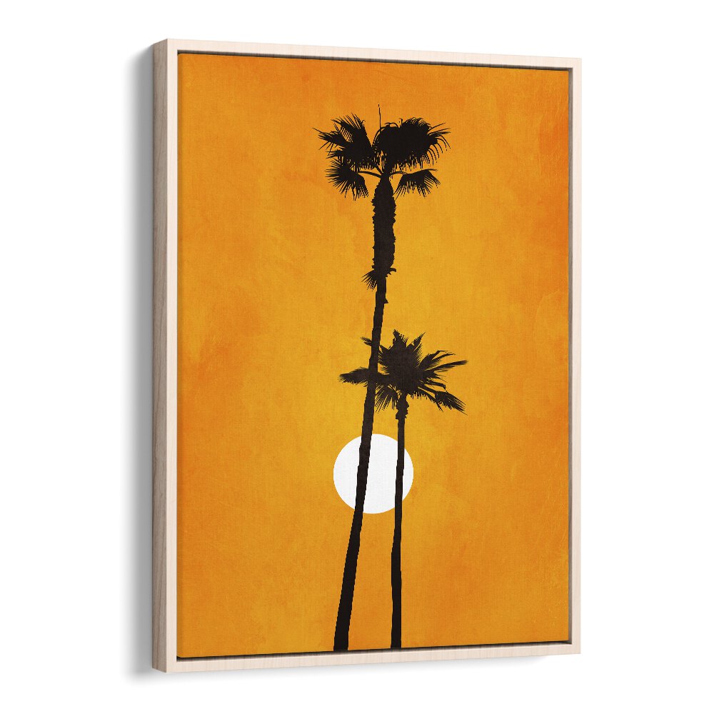 Framed "Sunshine Paradise" landscape paintings feature warm orange tones and palm silhouettes, perfect for your decor.