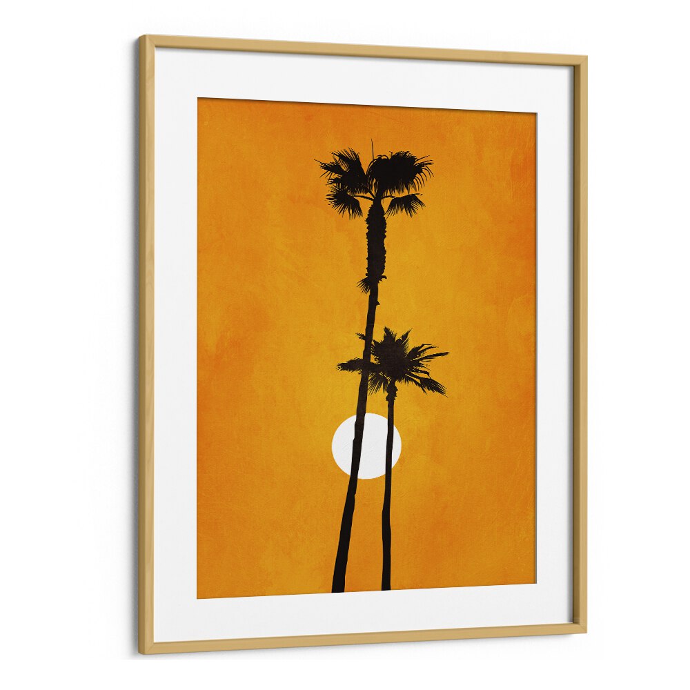 Sunshine Paradise landscape paintings feature a vibrant orange backdrop with silhouetted palm trees, perfect for any decor.