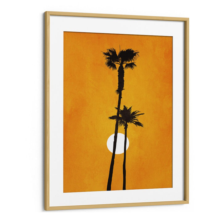 Sunshine Paradise landscape paintings feature a vibrant orange backdrop with silhouetted palm trees, perfect for any decor.