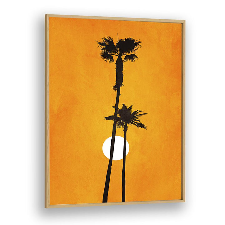Framed "Sunshine Paradise" landscape paintings showcase warm orange tones and serene palm silhouettes, perfect for any space.