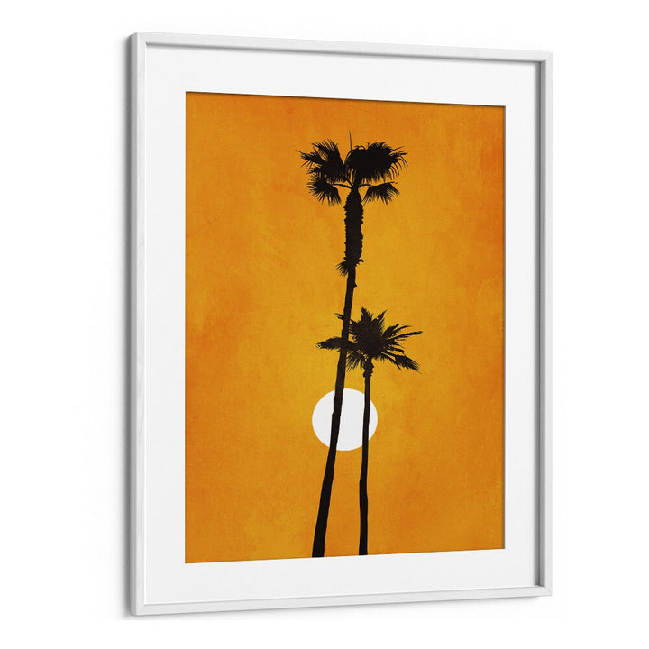 Framed SUNSHINE PARADISE, LANDSCAPE PAINTINGS featuring warm orange tones and silhouetted palms for a serene decor.