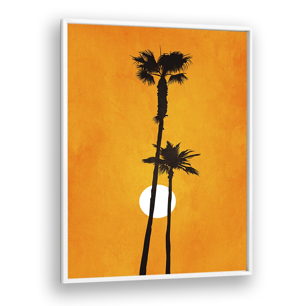 Framed "Sunshine Paradise" landscape paintings showcase warm orange tones and serene palm silhouettes, perfect for any space.