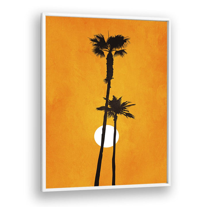 Framed "Sunshine Paradise" landscape paintings showcase warm orange tones and serene palm silhouettes, perfect for any space.